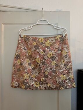 LOFT Pink and Yellow Sequin Floral Mini Skirt NWT
